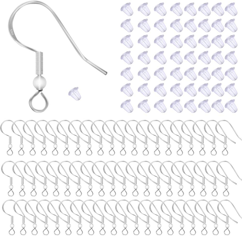 100 PCS/50 Pairs 925 Sterling Silver Earring Hooks Fish Hook Ear Wires French Wire Hooks Hypo-allergenic Jewelry Findings Earring Parts DIY Making With 100 PCS Clear Rubber Earring Safety Backs