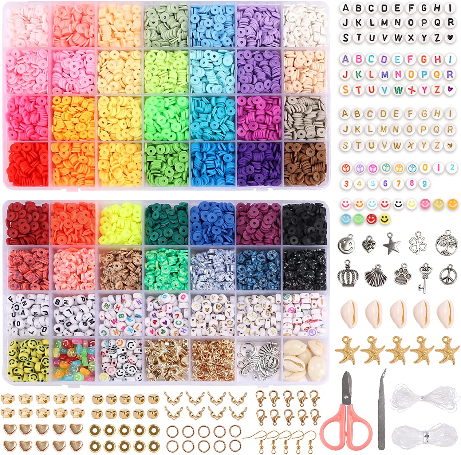 QUEFE 42 Colors Clay Beads for Bracelet Making with Letter Smiley Face Peace Beads Different Styles Charms Pendants, Flat Round Polymer Clay Heishi Beads Kit with Elastic Strings for DIY Craft Jewelry
