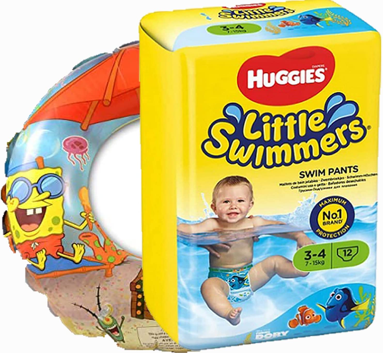 Little Swimmers Disposable Swim Diapers, Size Small 3-4 (15lb-33lb.) Absorbent and Adjustable Swim Nappies for Baby, Toddler, Girls, Boys, 12 Swimming Pants Plus Bonus Spongebob Swim Ring