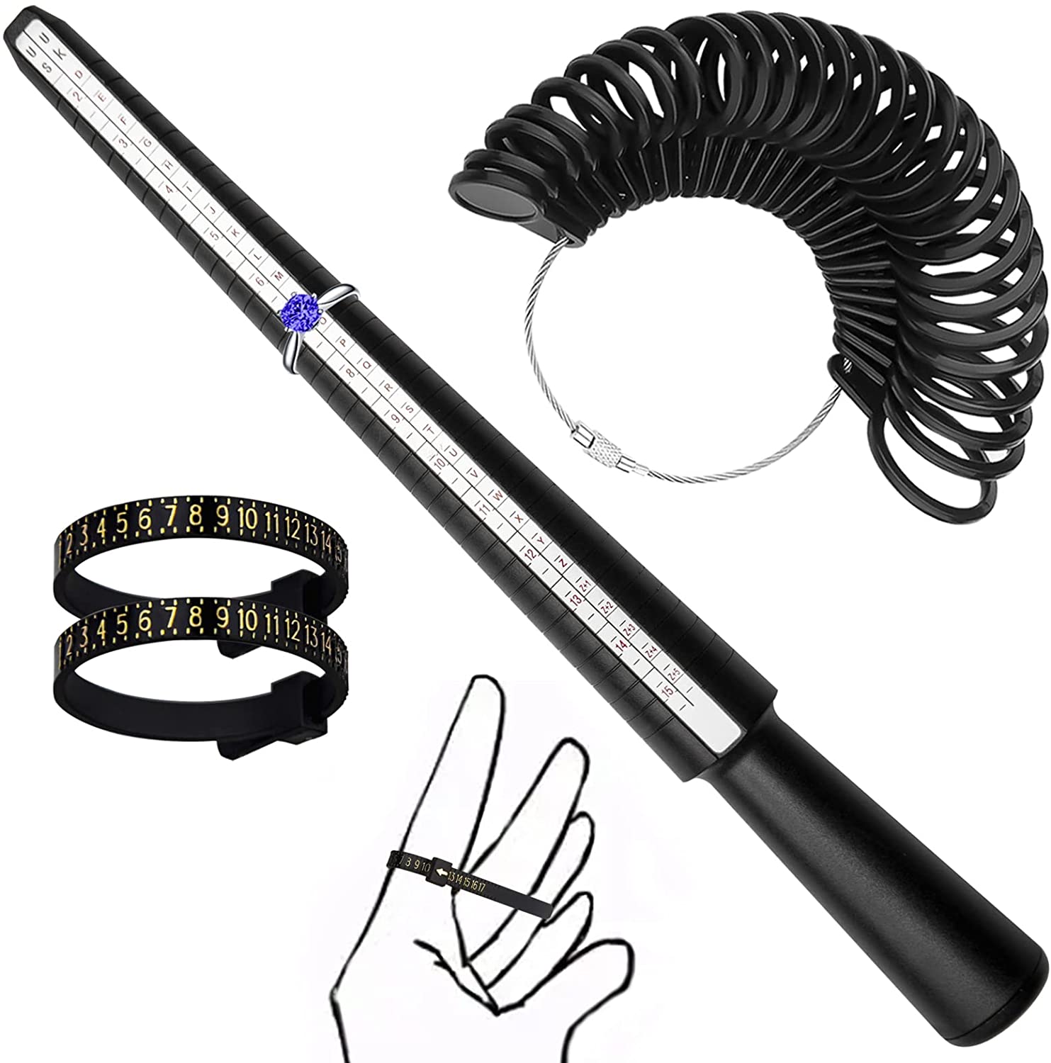 Ring Sizer Measuring Tool Set, US UK Ring Mandrel for Jewelry Making and Finger Measuring, US Ring Sizer Stick, Guage and Belts, Three Ways to Quickly Find The Right Size （4PCS）