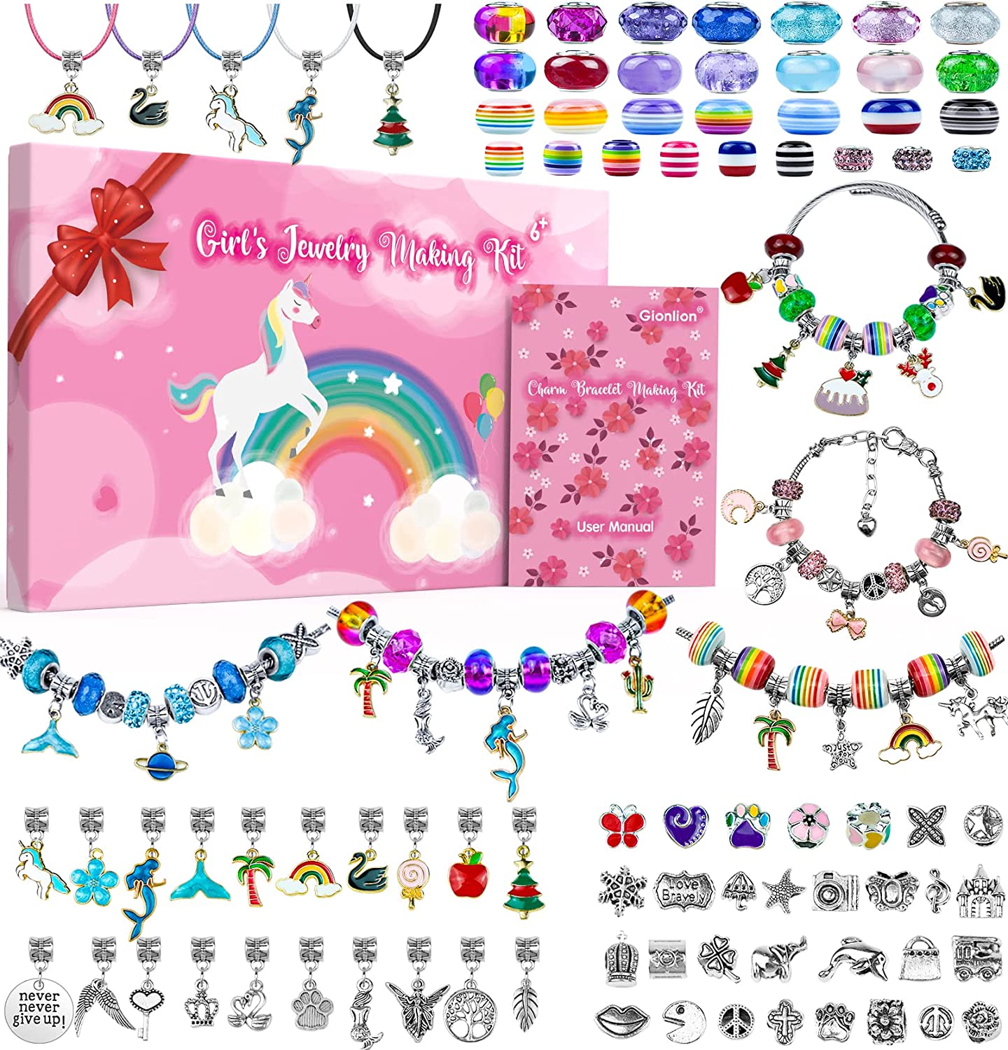 150 Pcs Charm Bracelet Making Kit - Gionlion Unicorn/ Mermaid Crafts Gifts for Girls - Jewelry Making Supplies European Beads Pendants Chains - Arts Gifts Set for Teen Girls Kids Age 5 6 7 8 9 10-12