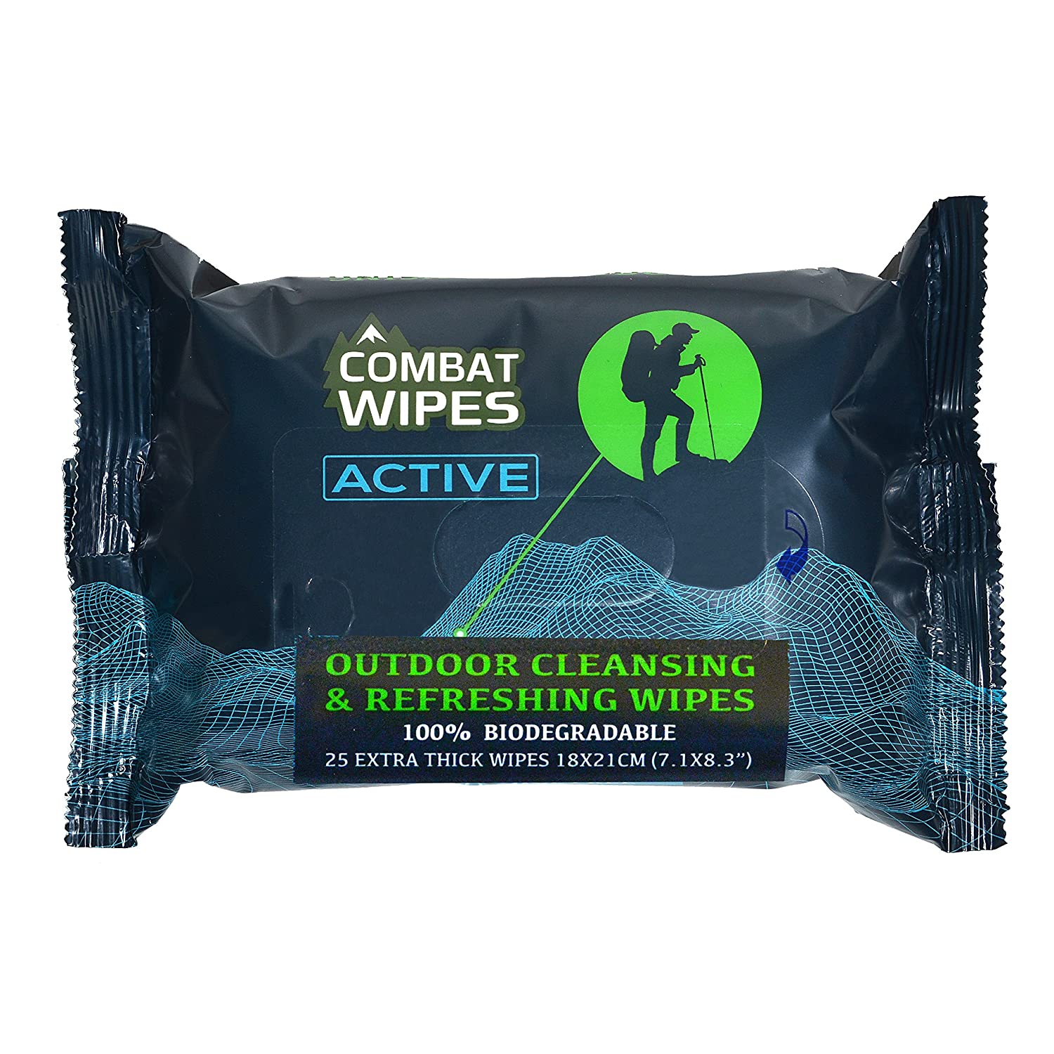 Combat Wipes ACTIVE Outdoor Wet Wipes | Extra Thick, Ultralight, Biodegradable, Body & Hand Cleansing/Refreshing Cloths for Camping, Gym & Backpacking w/ Natural Aloe & Vitamin E (25 Wipes)