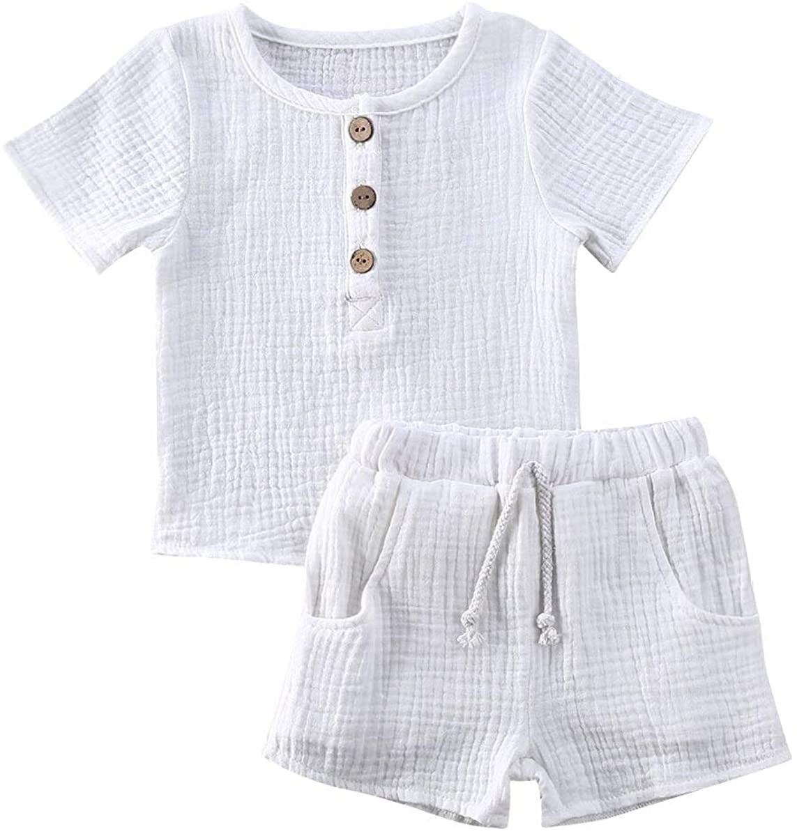 Toddler Baby Boy Girl Clothes Solid Linen Short Sleeve T-Shirt Tops Shorts Pants Unisex 2Pcs Summer Outfits Set