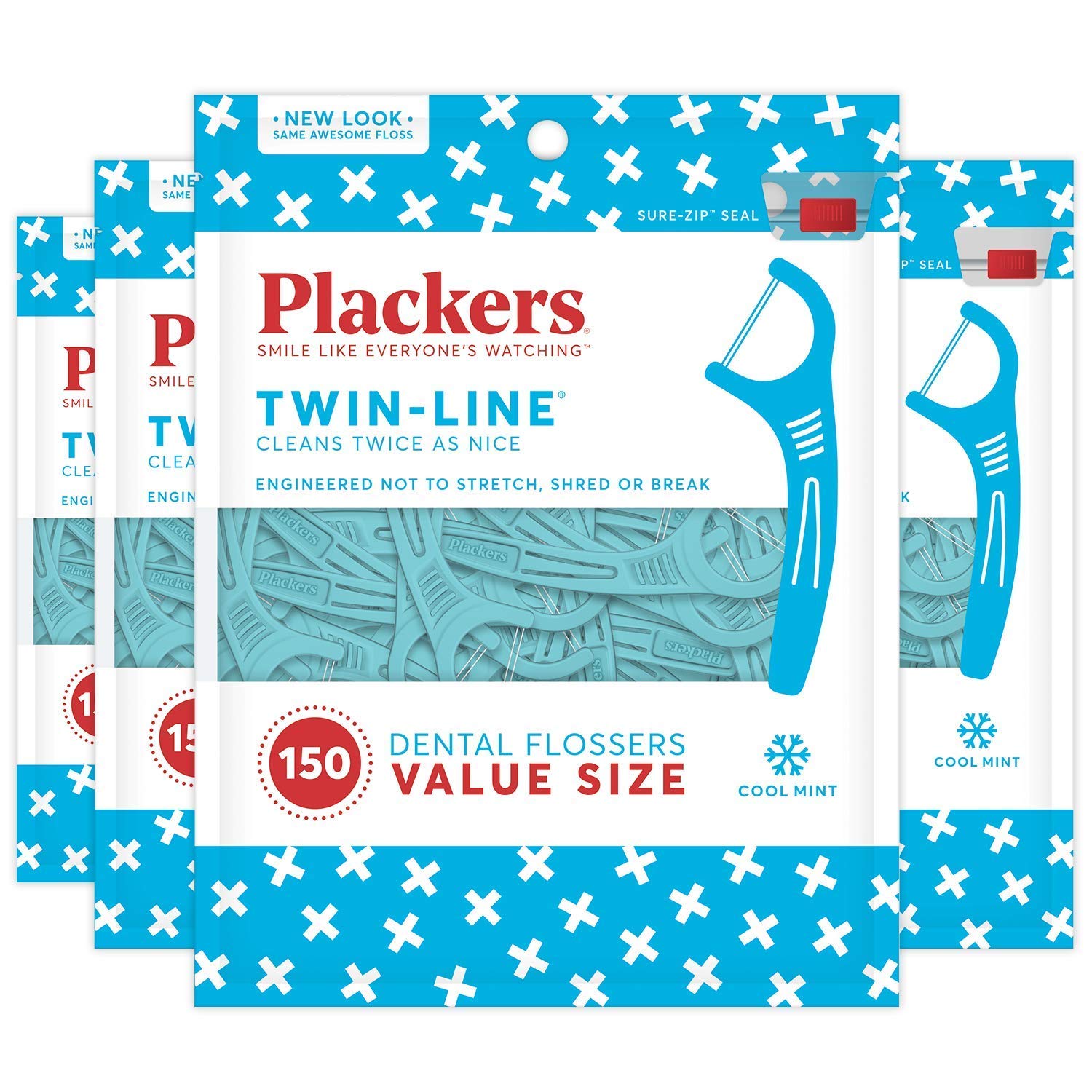 Plackers Twin-Line Dental Flossers, Advanced Whitening and Dual Action Flossing System, Easy Storage, Super Tuffloss, 2X The Clean, Cool Mint Flavor, 600 Count (Pack of 4)