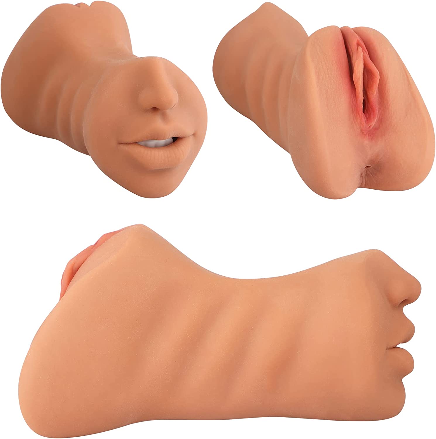 3 in 1 Man Sex Pocket Pussy Realistic Male Masturbator, 3D Tight Textured Channel with Vivid Tongue and Teeth, Adult Anal Sex Toy Channel Use for Men Masturbation