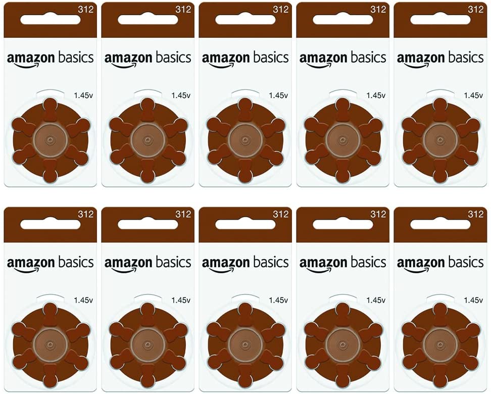 Amazon Basics 1.45 Volt Hearing Aid Batteries, Brown Tab - Pack of 60, Size 312 - Improved Performance