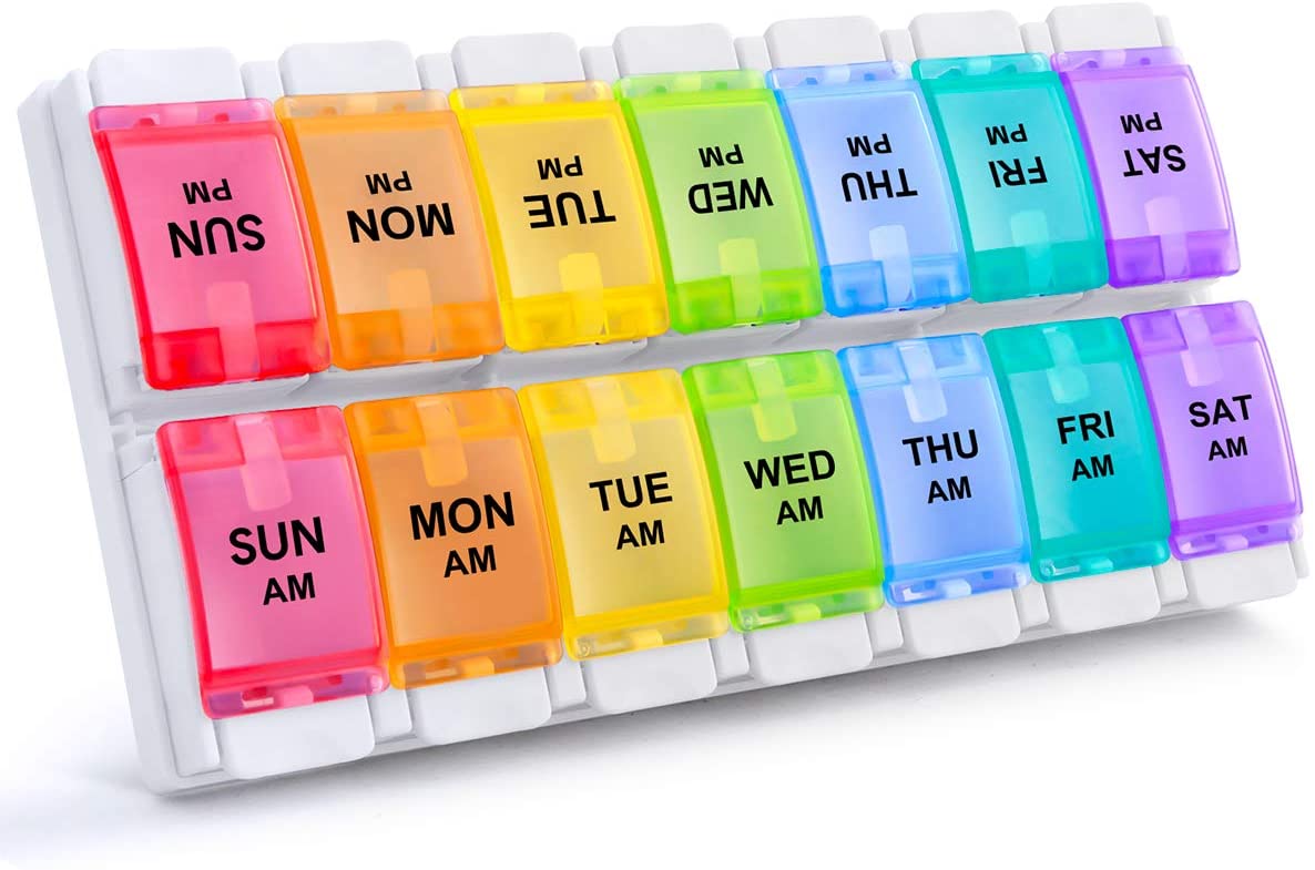 AM PM Weekly 7 Day Pill Organizer, Sukuos Large Daily Pill Cases Pill Box with Easy Push Button Design for Pills/Vitamin/Fish Oil/Supplements (Rainbow)