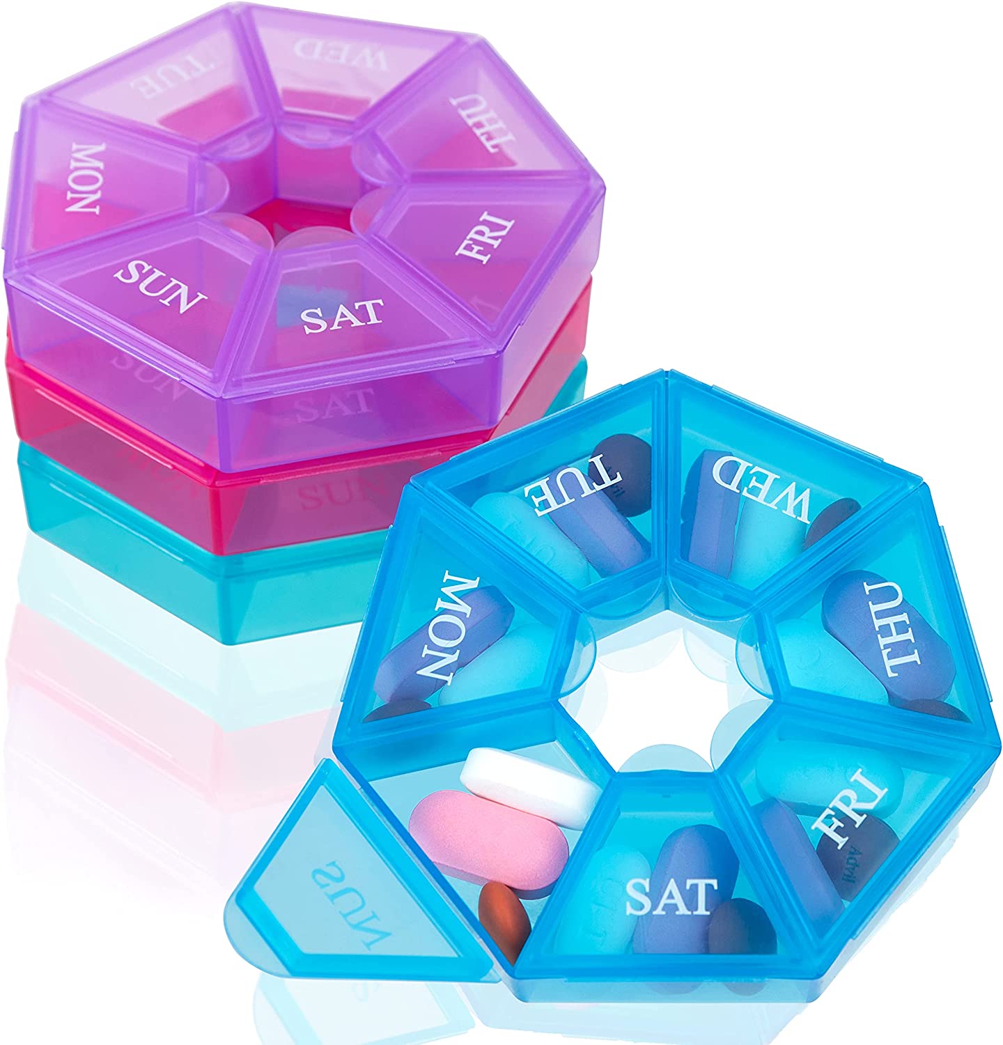 4 pk Pill Box, Pill Organizer, Pill Case, Pill Container, Weekly Pill Organizer, Pill Holder, Pill Box 7 Day, Pill Dispenser, Portable Small for Pocket or Travel - Pills Medication & Vitamins Holder