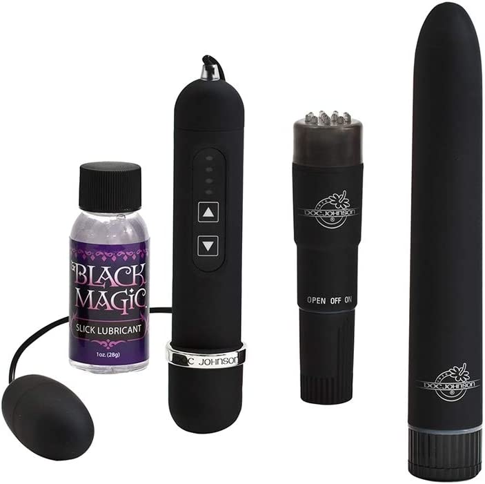 Doc Johnson Black Magic - Pleasure Kit - Comes With Pocket Rocket, Multi-Speed Bullet, 7 Inch Multi-Speed Vibrator and Slick Lubricant - Great Gift For Her