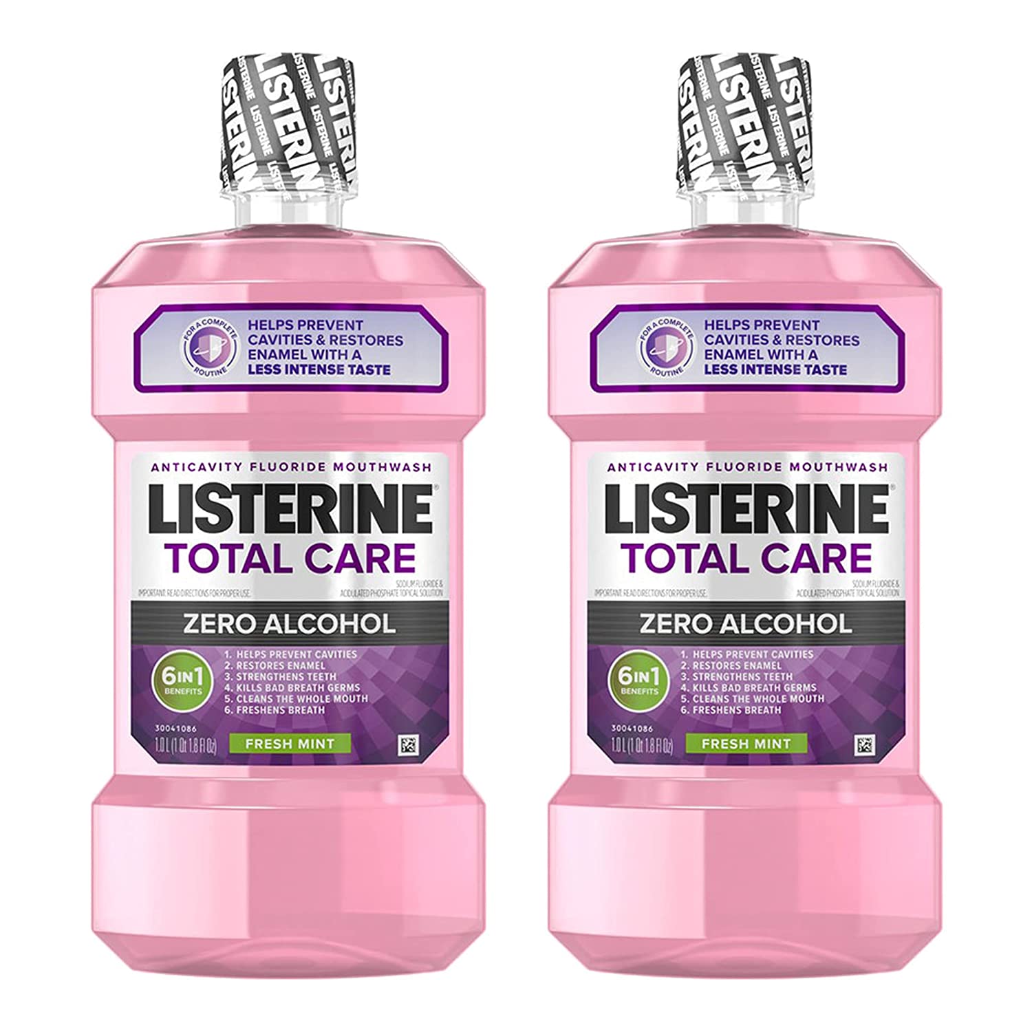 Listerine Total Care Alcohol-Free Anticavity Fluoride Mouthwash, 6 Benefit Oral Rinse to Help Kill 99% of Germs That Cause Bad Breath, Strengthen Enamel, Fresh Mint Flavor, 1 L (2 Pack)