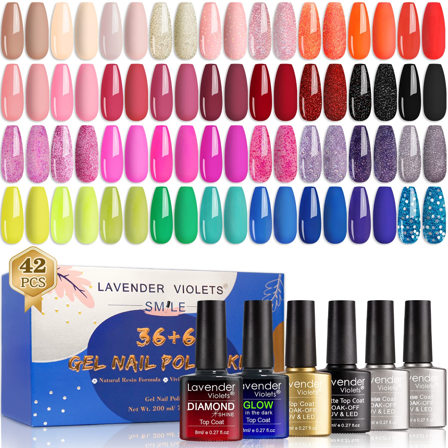 Lavender Violets Gel-Nail-Polish Kit 36 Vivid Colors Red Pink Neon Yellow and Green Soak-off UV Nail Gel 5ml/each with Base n No Wipe Top n Matte n Diamond n Glow in the Dark Top Gel 8ml/each C950