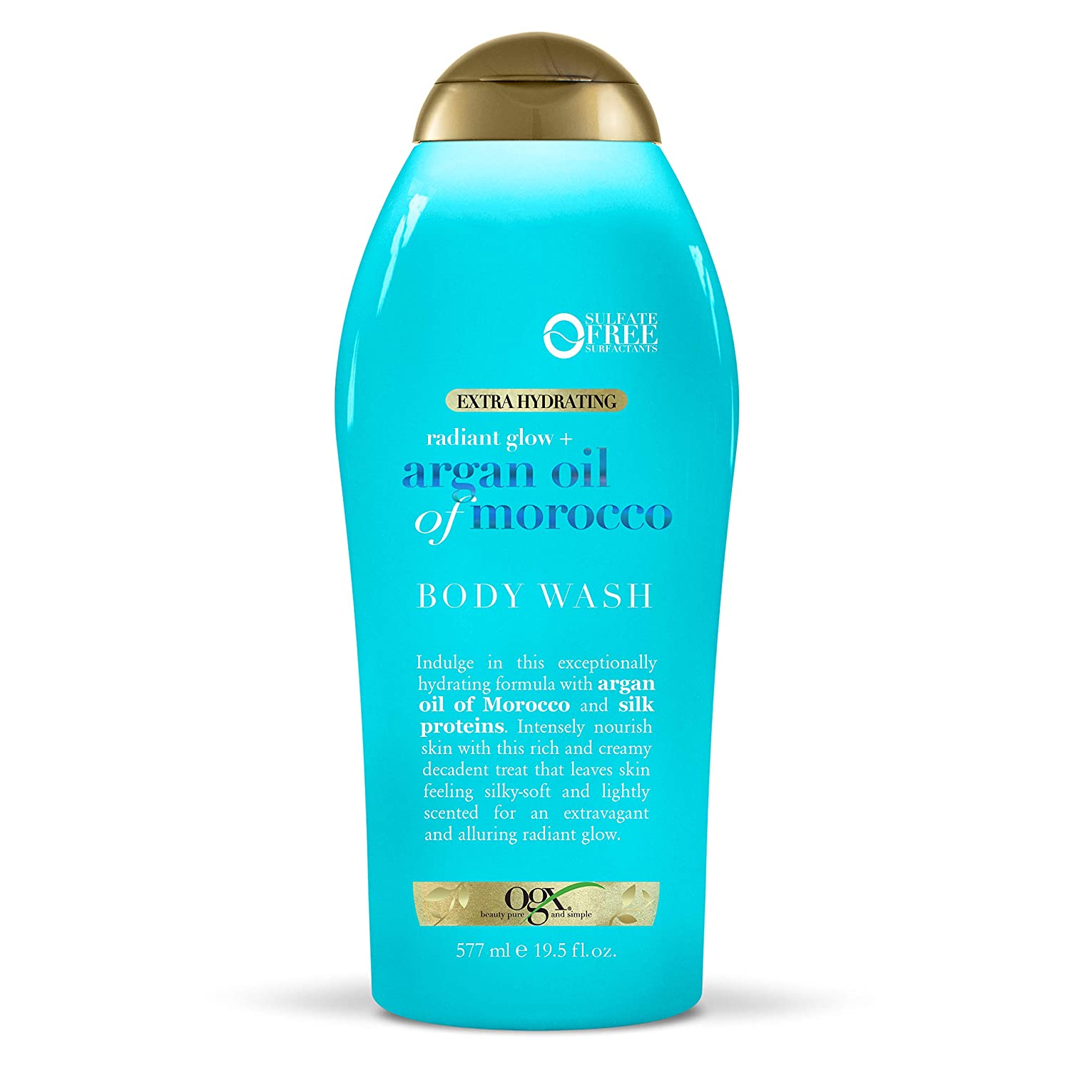 OGX Radiant Glow + Argan Oil of Morocco Extra Hydrating Body Wash for Dry Skin, Moisturizing Gel Body Cleanser for Silky Soft Skin, Paraben-Free, Sulfate-Free Surfactants, 19.5 fl oz