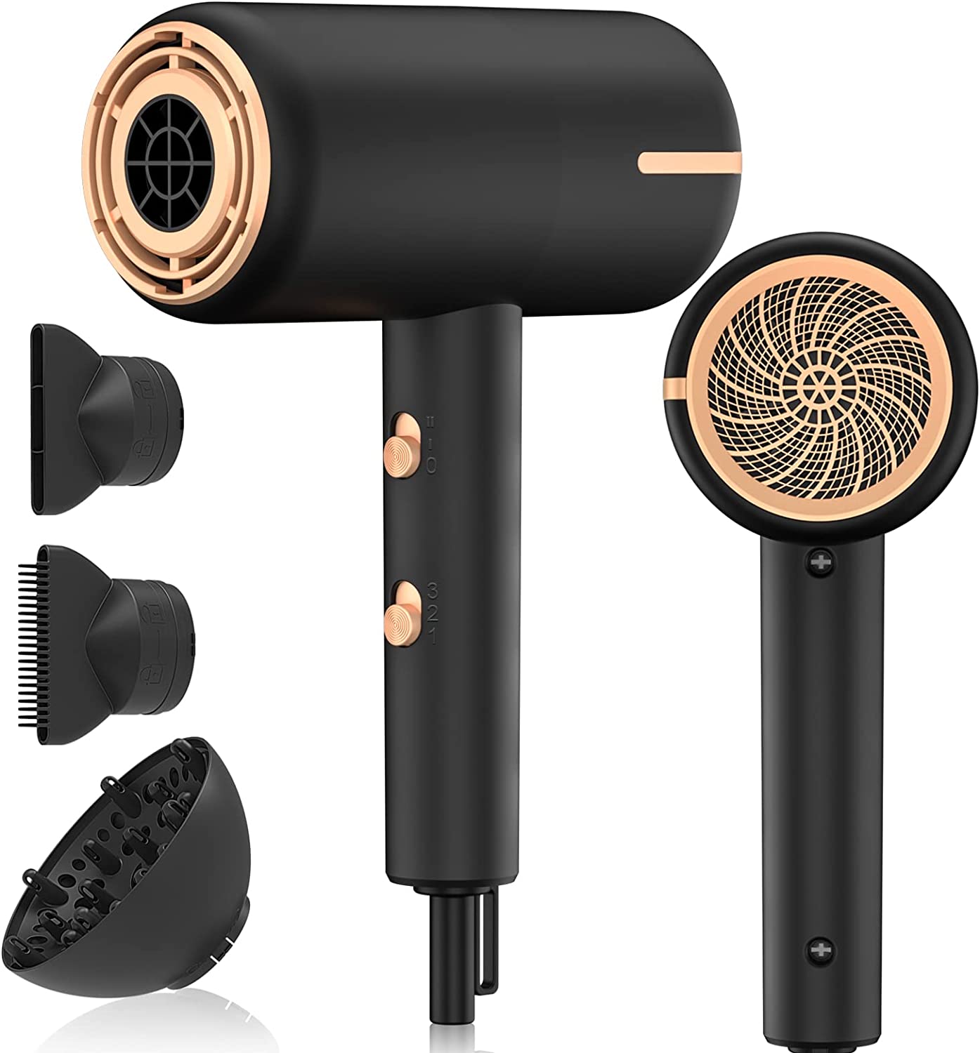 Ionic Hair Dryer, 1800W Blow Dryer with 3 Heating/2 Speed/Cold Settings, 2 Nozzles and 1 Diffuser, Fast Drying Hair Dryer, Constant Temperature Hair Care Without Damaging Hair for Travel, Home, Salon