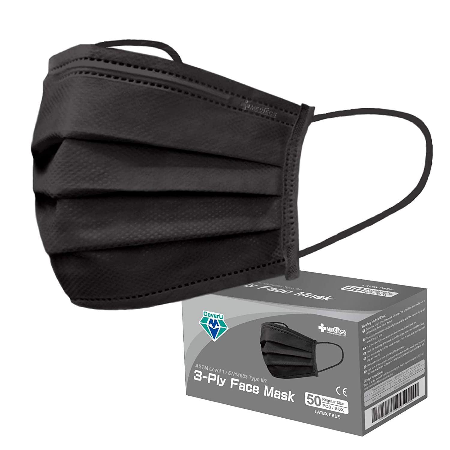 Medtecs Face Mask Disposable - 50/2000 PCS - Comfortable 3 Layer Breathable Mask, the Better Protection and Health Choice - CoverU ASTM Level 1 Adult Mask - 50 PCS/Box - Black