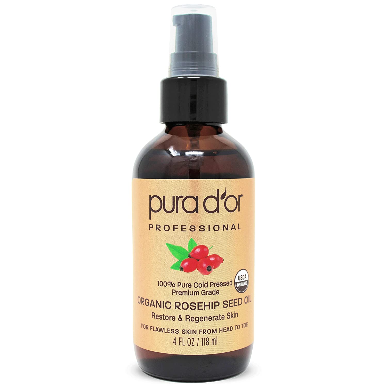 PURA D'OR Organic Rosehip Seed Oil (4oz / 118mL) 100% Pure Cold Pressed USDA Certified Organic, All Natural Anti-Aging Moisturizer Treatment for Face, Hair, Skin, Nails, Men-Women (Packaging may vary)